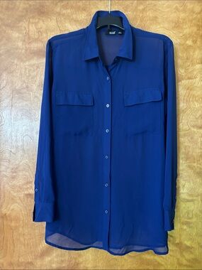 a.n.a Sheer Button-Up Blouse - Blue